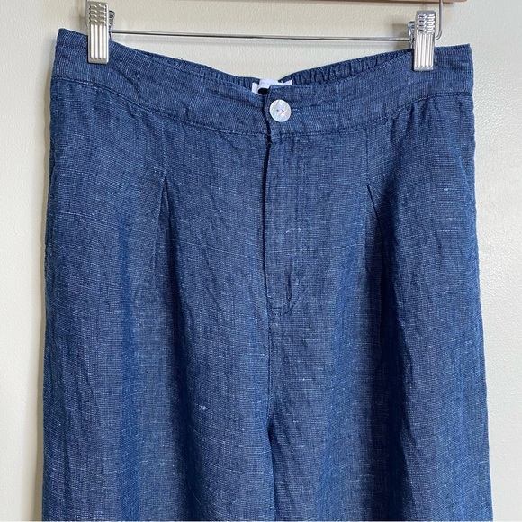 Halston Blue Linen Pleated Wide Leg Ankle Pants Size 6 - Picture 3 of 13